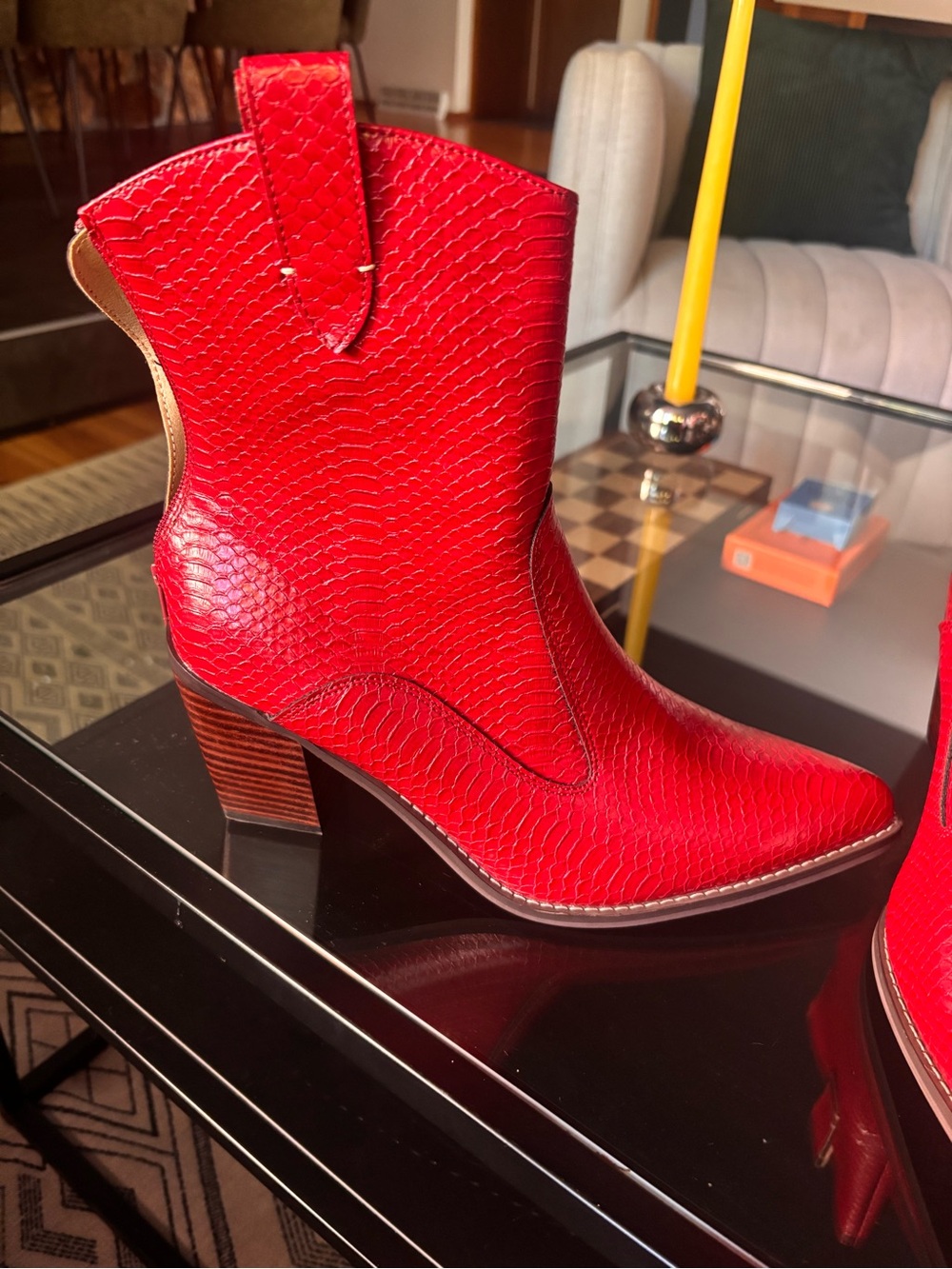 Women's Red Textured Western Ankle Boot with Block Heel